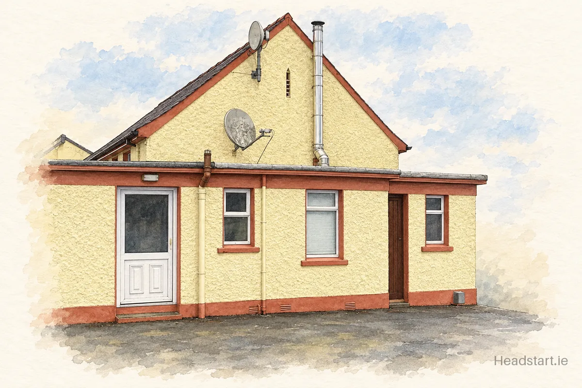 Watercolour illustration of the St Lassara's National School building, Ballymote