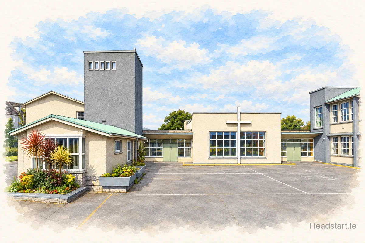 Watercolour illustration of the Scoil Náisiúnta Padraic Naofa building, Galway