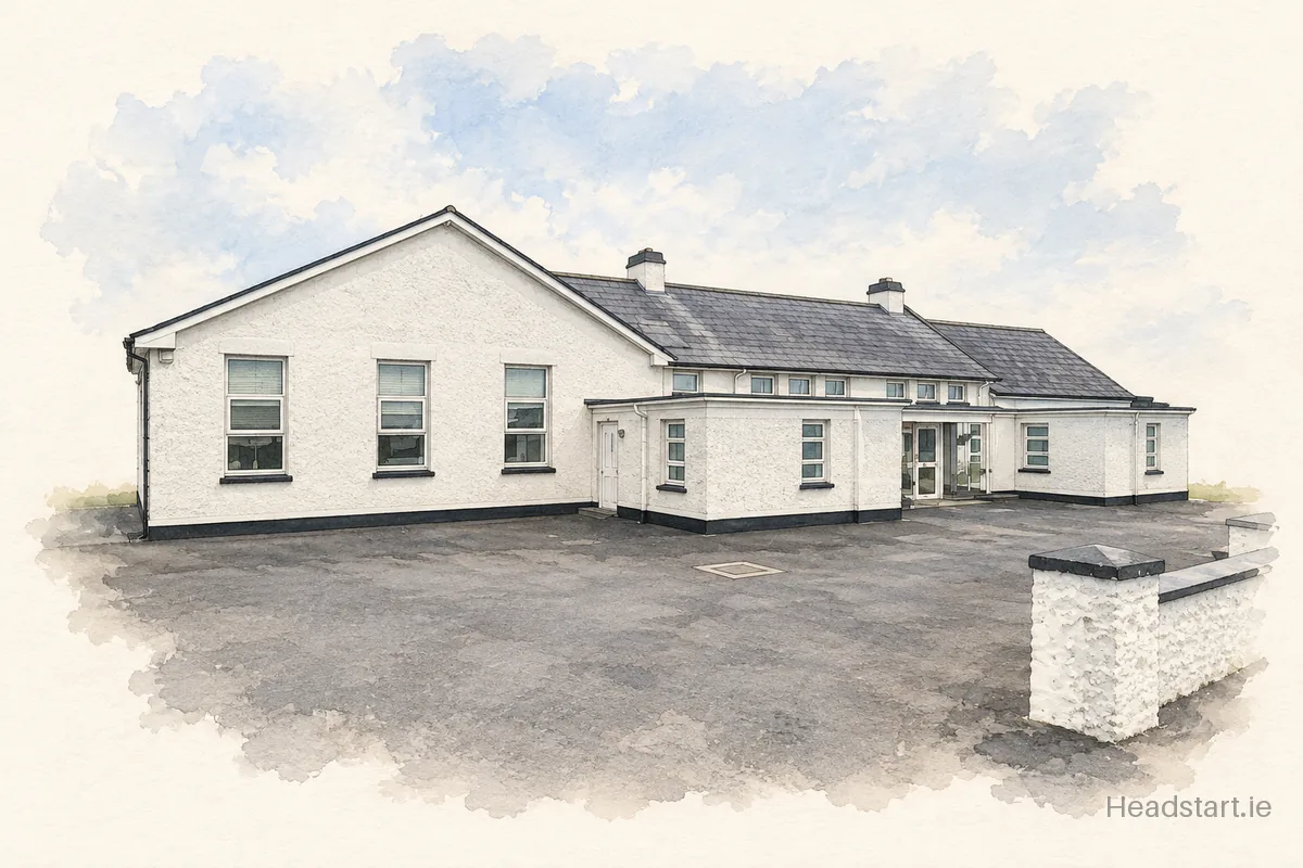 Watercolour illustration of the Scoil Náisiúnta Padraig Naofa building, Headford