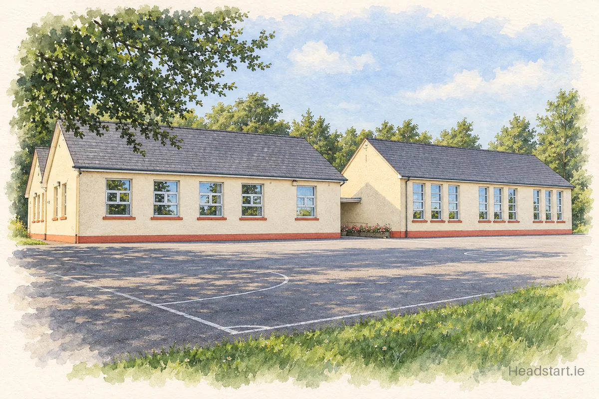 Watercolour illustration of the Kilcleagh National School building, Athlone