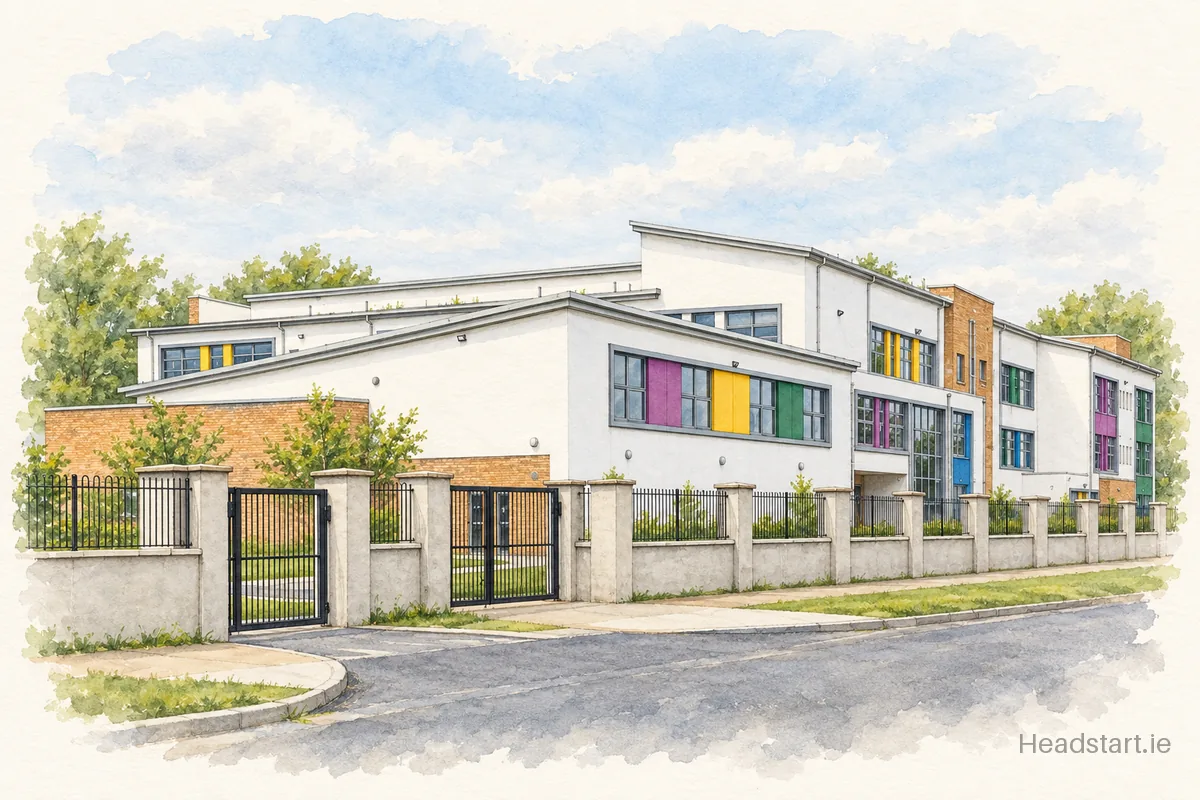 Watercolour illustration of the Scoil Phadraig building, Portarlington