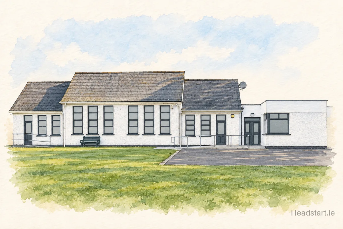 Watercolour illustration of the Scoil Náisiúnta Phadraig Naofa building, Borrisokane