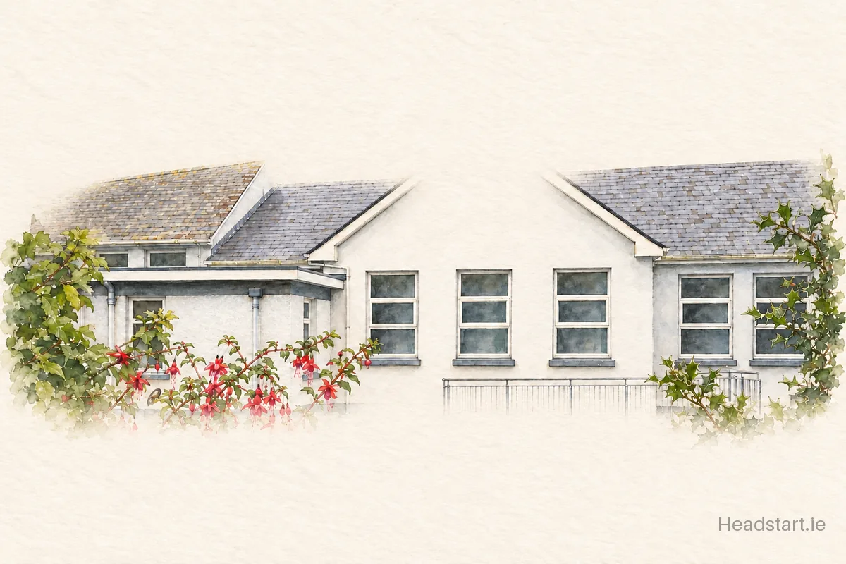 Watercolour illustration of the Scoil Náisiúnta Ciarain Naofa building, Galway