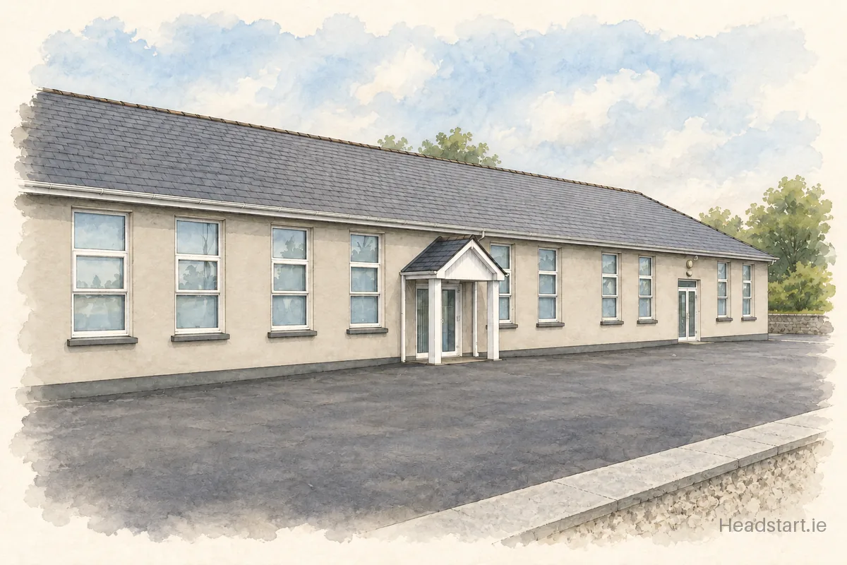 Watercolour illustration of the Scoil Muire Naofa building, Ballinasloe