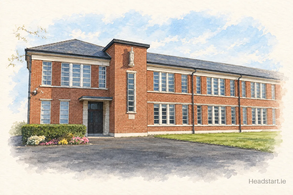 Watercolour illustration of the Scoil Naomh Padraig Boys Senior School building, Mallow