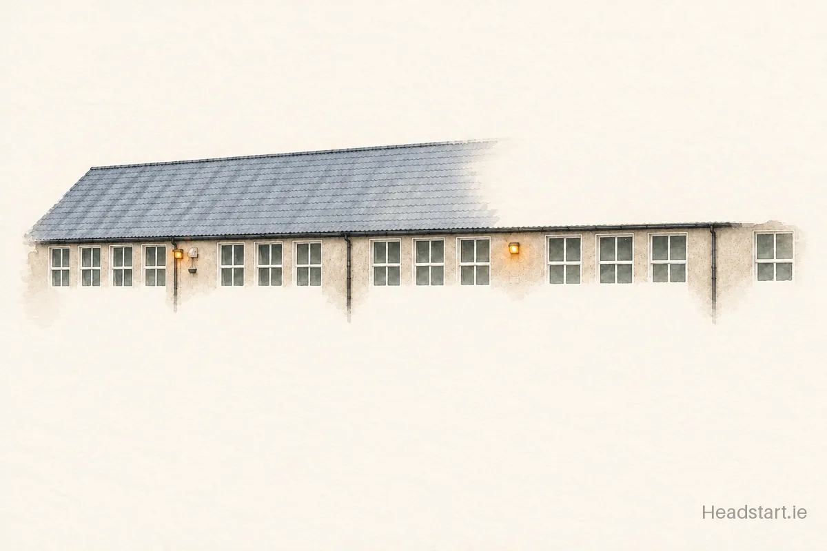 Watercolour illustration of the Scoil Carmel Junior National School building, Dublin 24