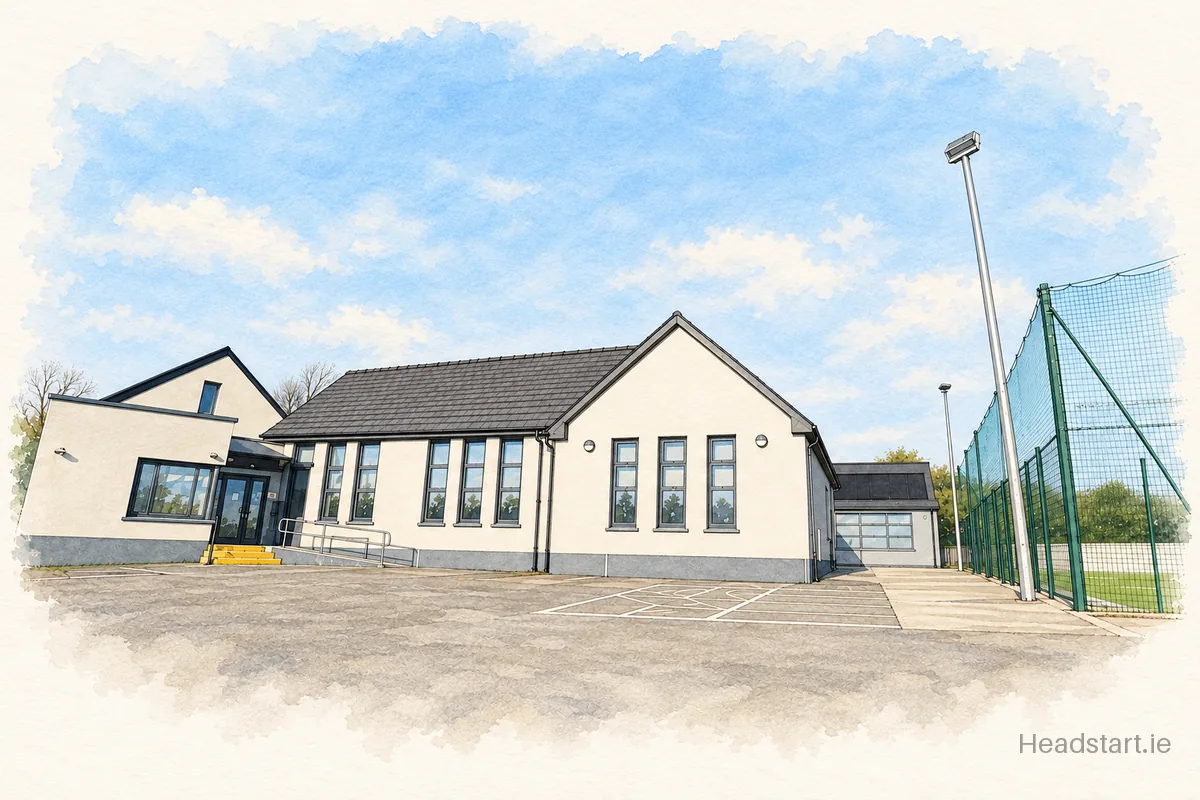 Watercolour illustration of the Scoil Náisiúnta Moing Na Miol building, Mallow