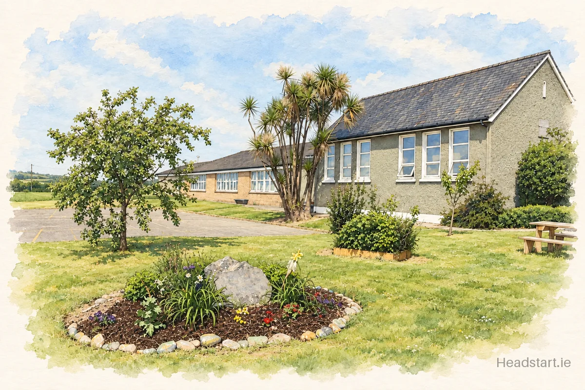 Watercolour illustration of the Shanagarry National School building, Midleton