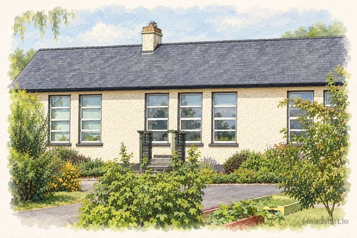 Watercolour illustration of the St Finnians National School Dillonstown building, Dunleer
