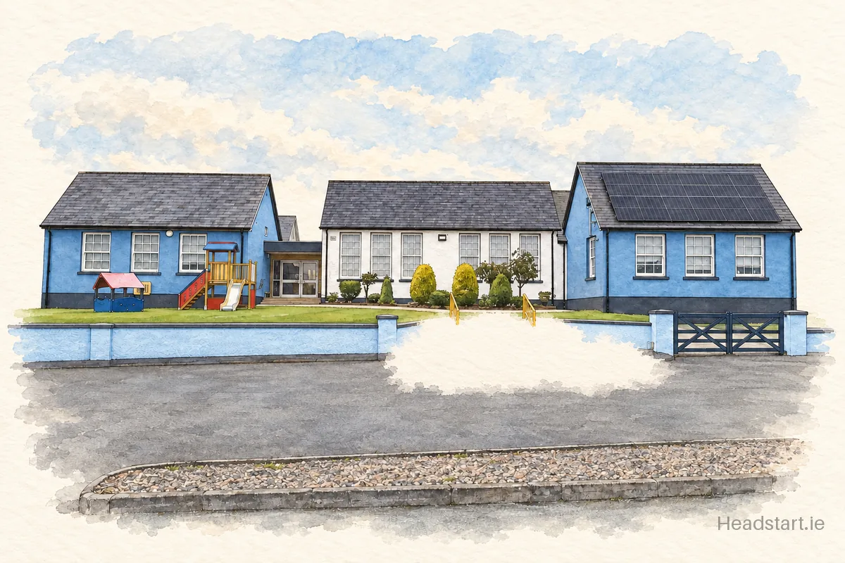 Watercolour illustration of the Scoil Náisiúnta Bhride building, Omeath