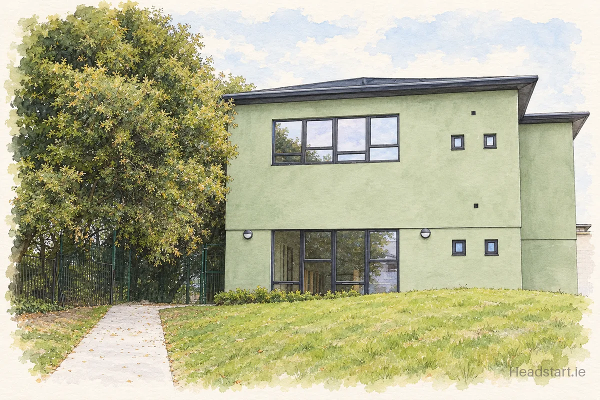 Watercolour illustration of the Scoil Assaim Boys National School building, Raheny