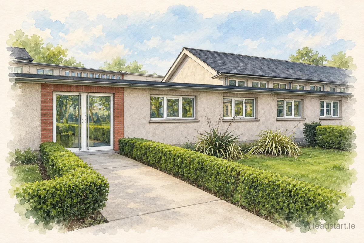 Watercolour illustration of the Naiscoil Ide building, Raheny