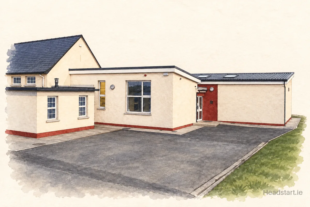 Watercolour illustration of the Drumcrave National School building, Cavan
