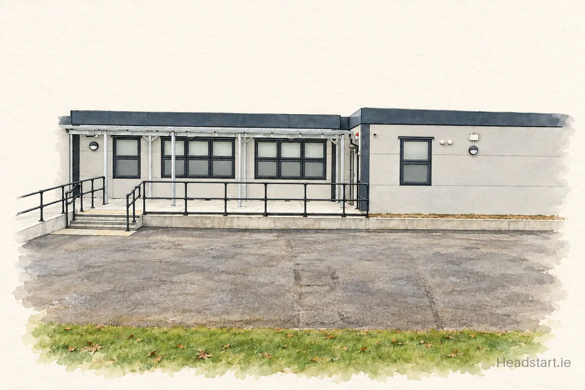 Watercolour illustration of the Myshall National School building, Bagenalstown