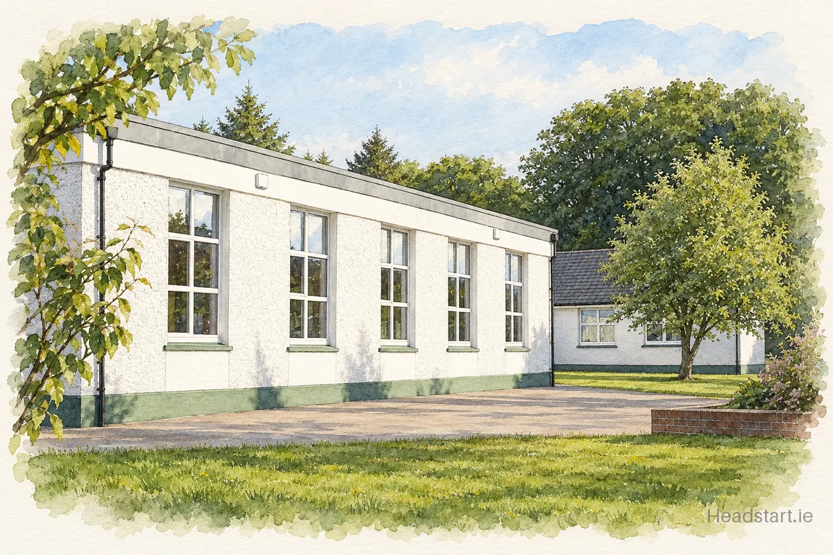 Watercolour illustration of the Scoil Náisiúnta Athracht Naofa building, Charlestown