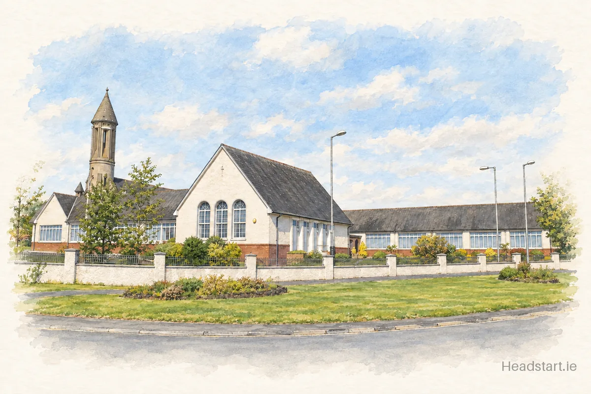 Watercolour illustration of the Scoil Bhride National School building, Rathangan