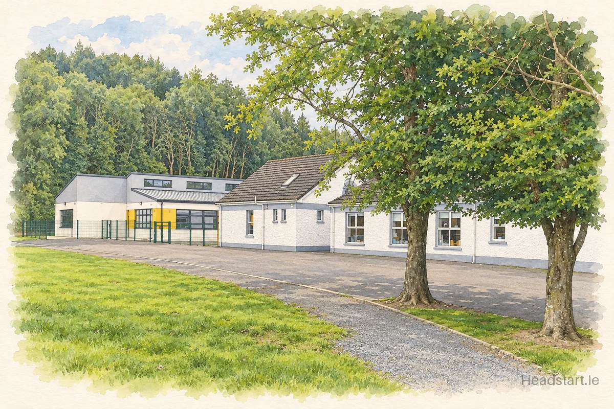 Watercolour illustration of the Corr A Chrainn National School building, Emyvale