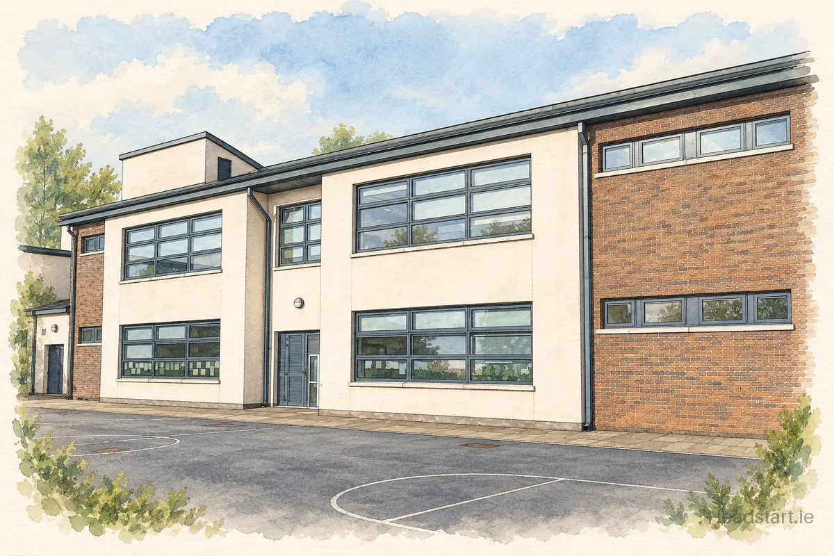 Watercolour illustration of the Scoil Bride B building, Blanchardstown