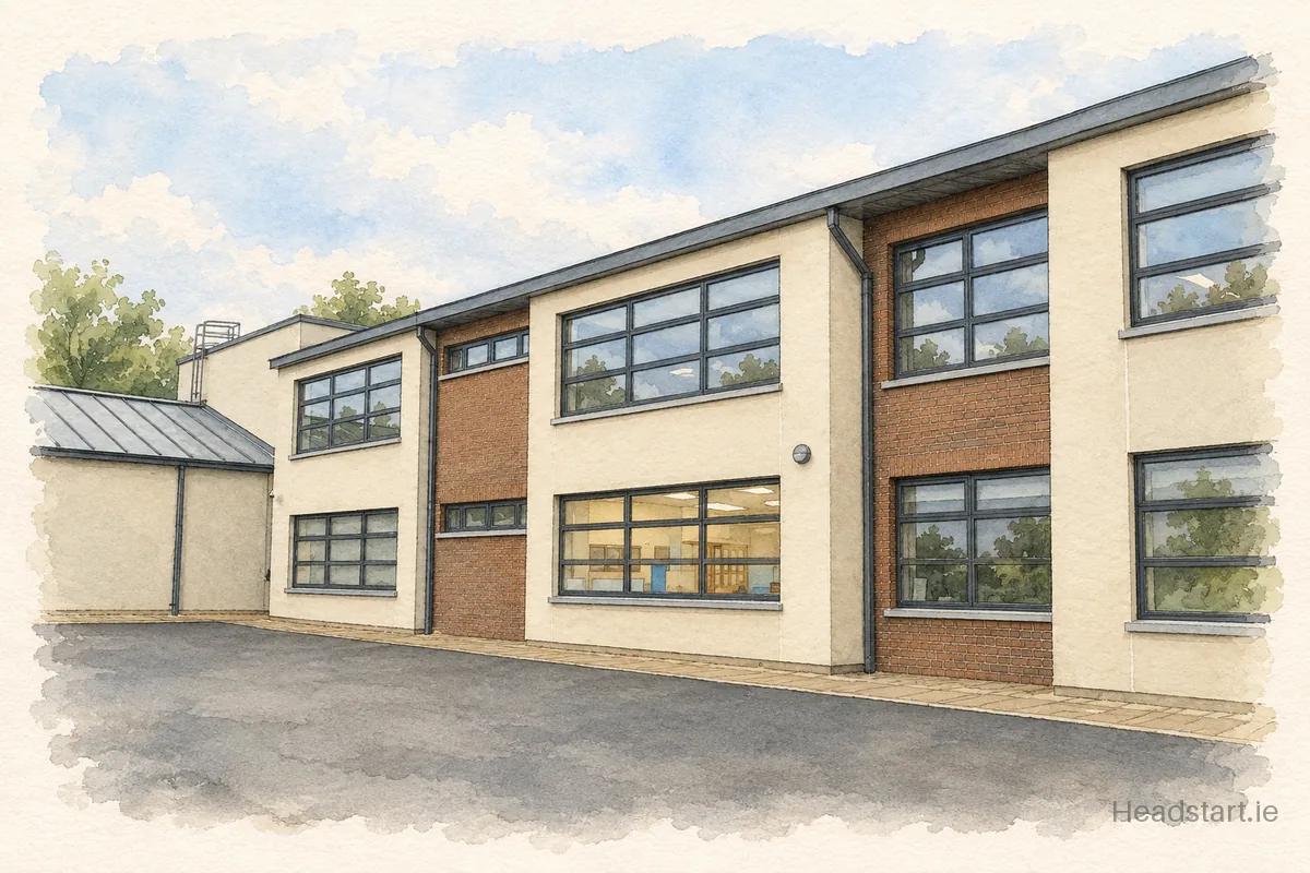 Watercolour illustration of the Scoil Bride C building, Blanchardstown