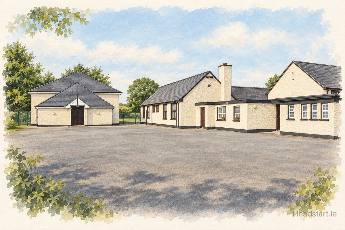 Watercolour illustration of the Scoil Chaoimhín Naofa Hollywood building, Hollywood
