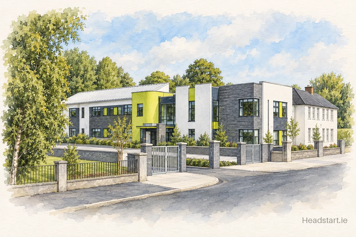 Watercolour illustration of the Scoil Mhuire building, Tullamore