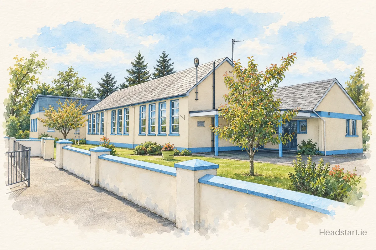 Watercolour illustration of the Scoil Náisiúnta Muire gan Smál building, Lifford