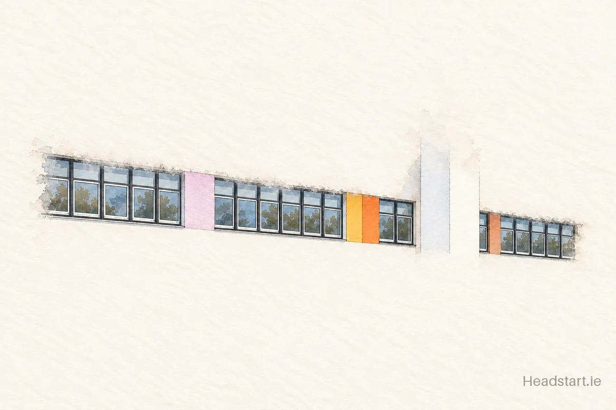Watercolour illustration of the Scoil Mhuire Mixed building, Howth