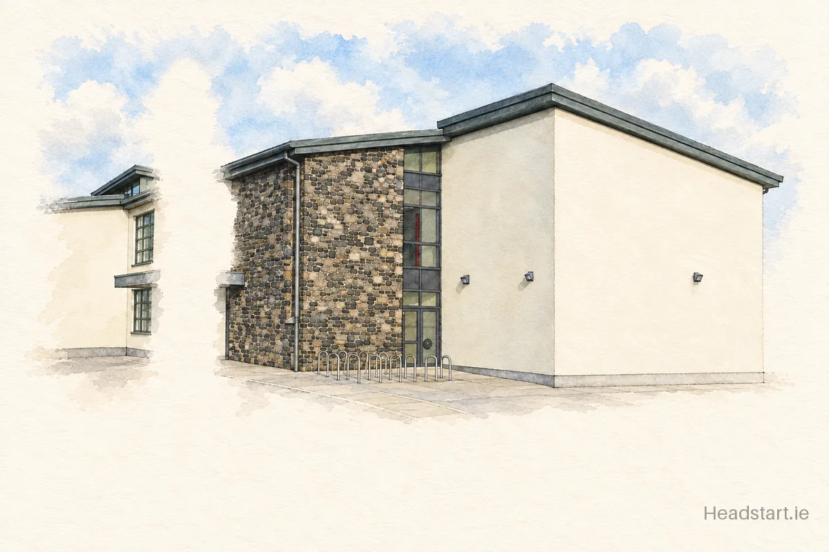 Watercolour illustration of the Scoil Naomh Mhuire building, Oranmore