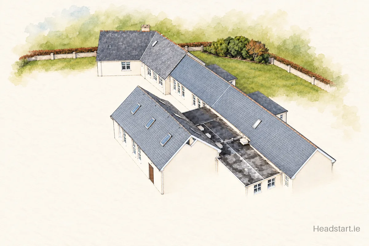 Watercolour illustration of the Whitechurch National School Ceapach building, Dungarvan