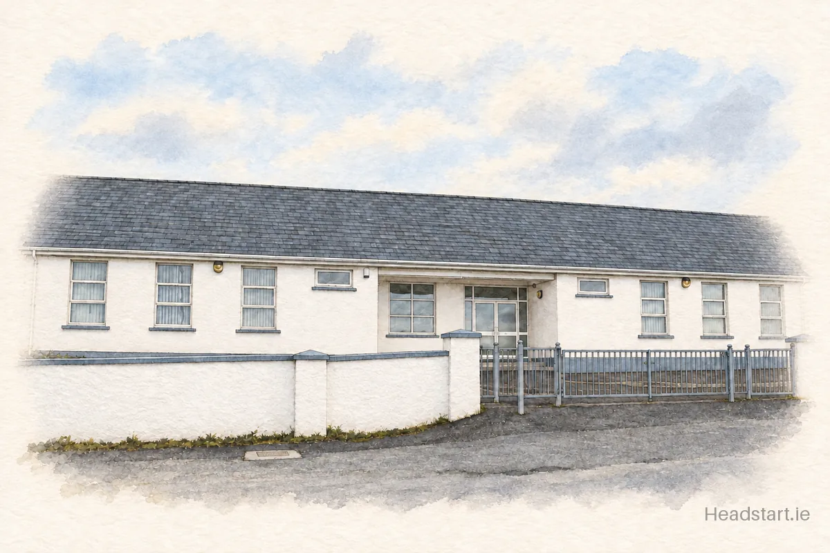 Watercolour illustration of the Scoil Mhuire building, Letterkenny