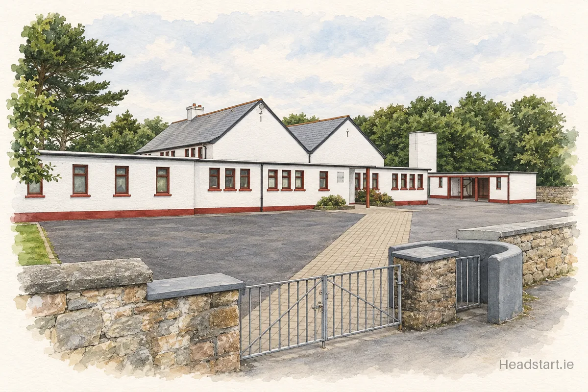 Watercolour illustration of the Scoil Náisiúnta Mhuire building, Galway