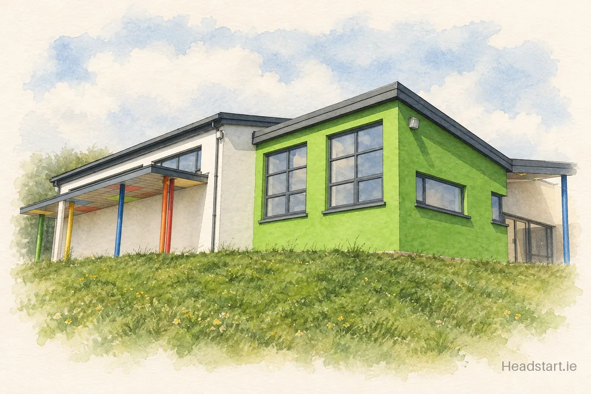 Watercolour illustration of the Scoil Naomh Peadar building, Mountcharles
