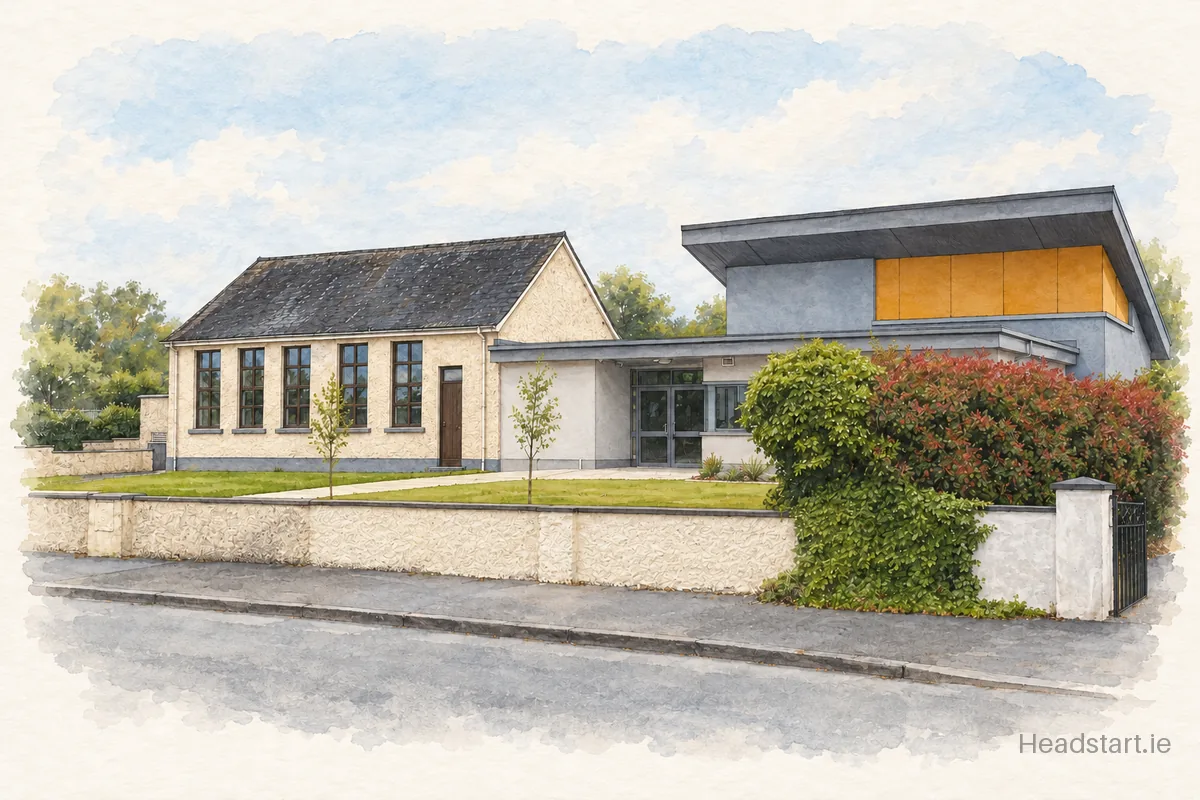 Watercolour illustration of the St Patricks National School building, Enfield