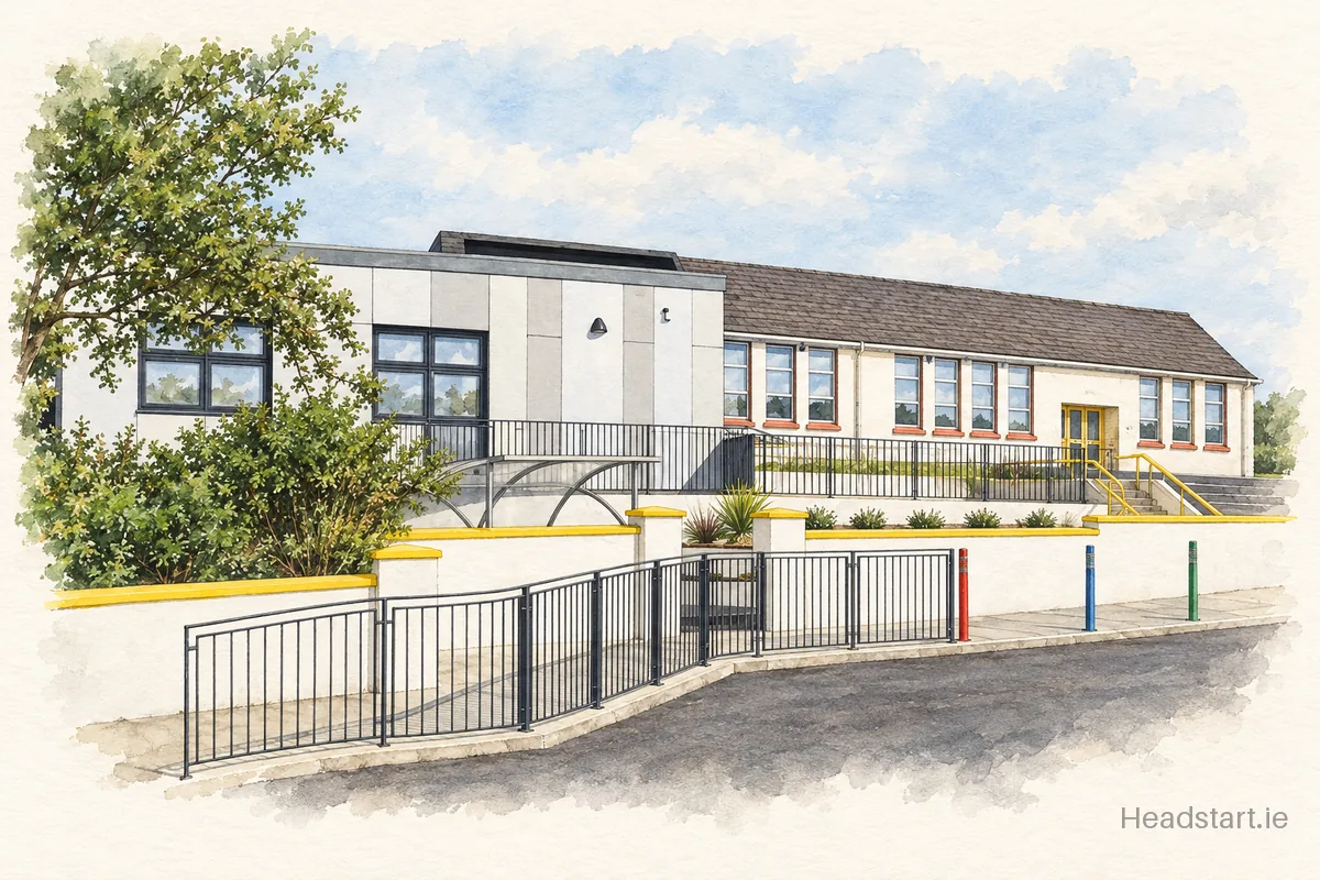 Watercolour illustration of the Scoil Náisiúnta Muire gan Smal building, Ardara
