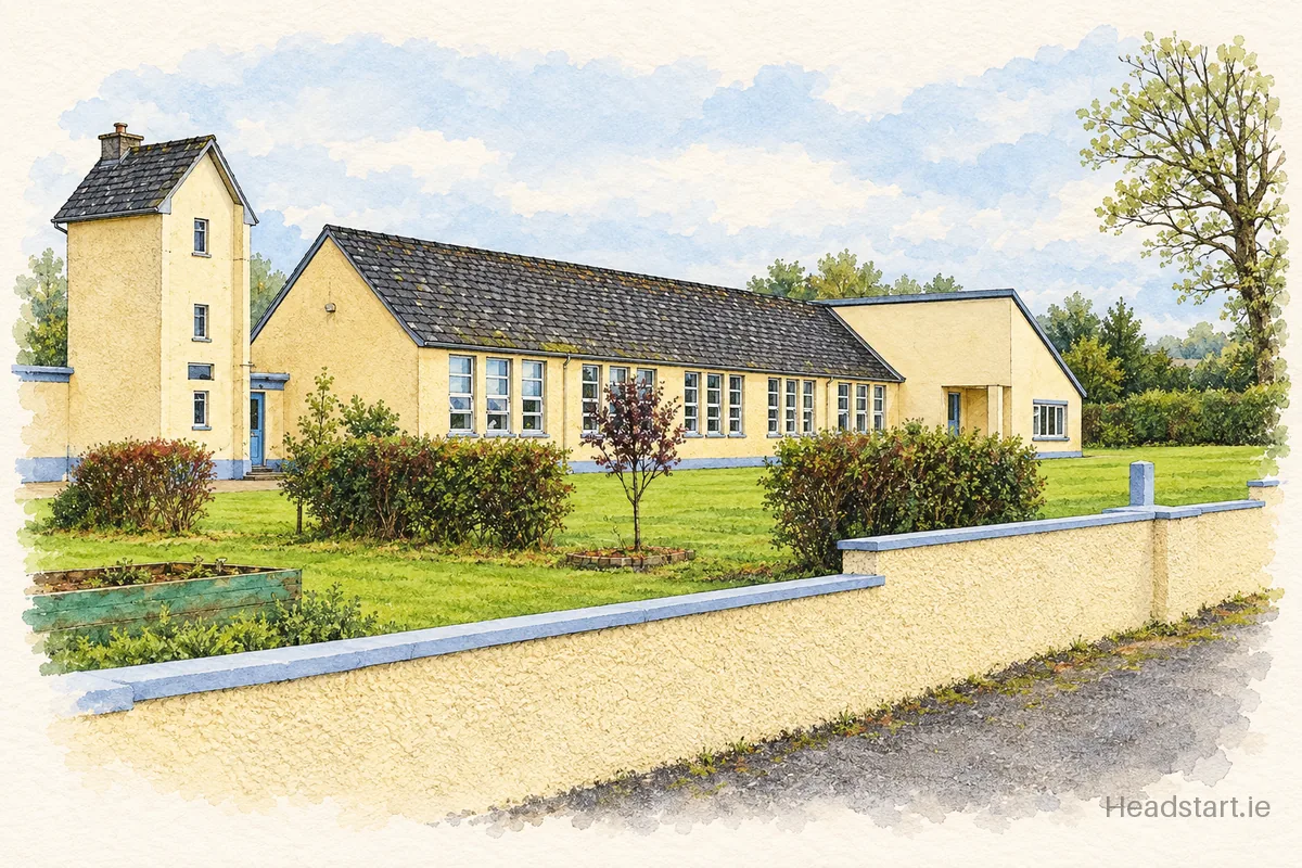 Watercolour illustration of the Knocklong National School building, Kilmallock