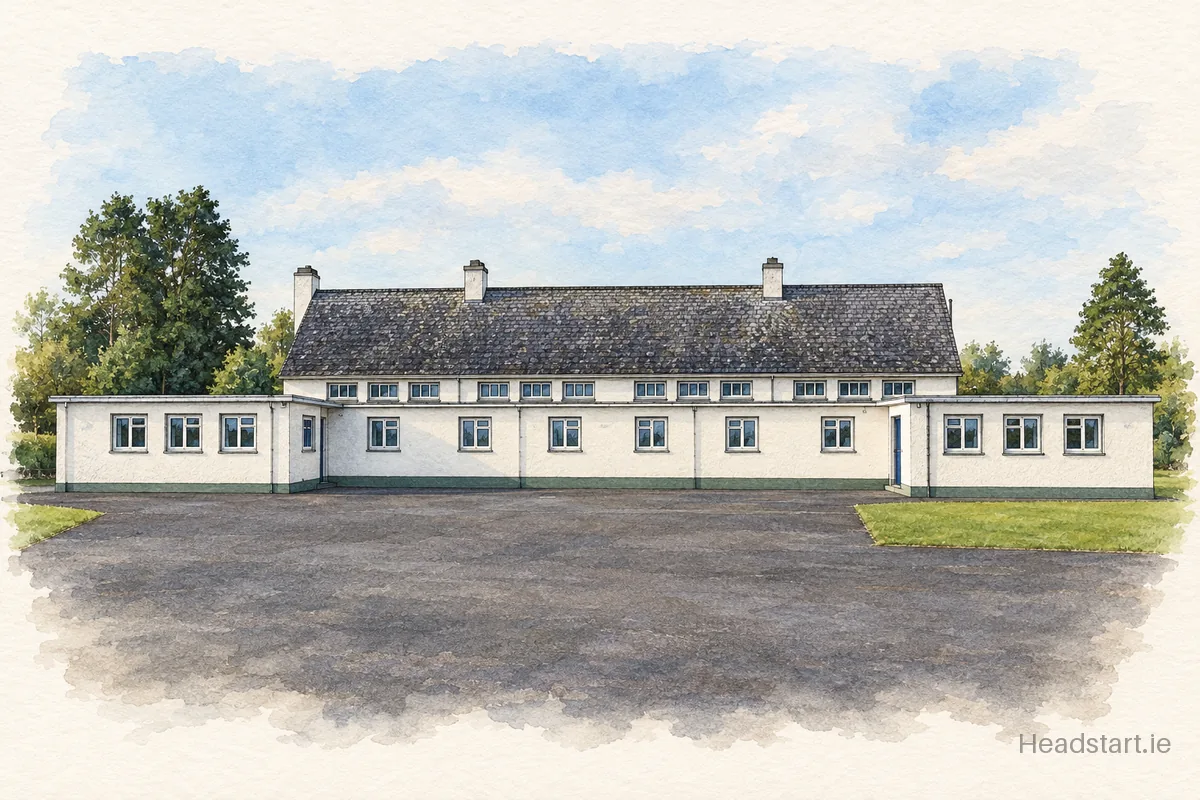 Watercolour illustration of the Scoil Náisiúnta Nmh Treasa building, Kilkelly