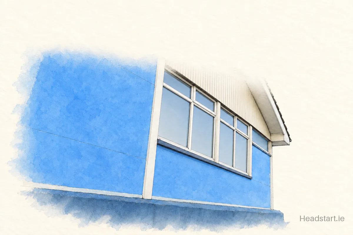 Watercolour illustration of the Scoil Náisiúnta Mhuire building, Milford