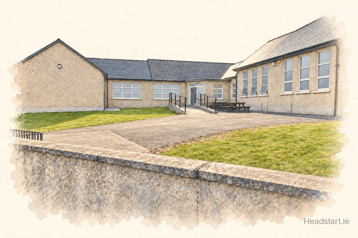 Watercolour illustration of the St Anns National School Seafield building, Kilmacthomas