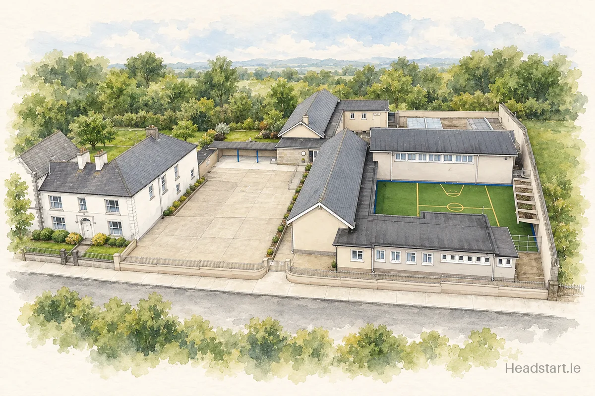 Watercolour illustration of the Scoil Aine Naofa building, Rathkeale