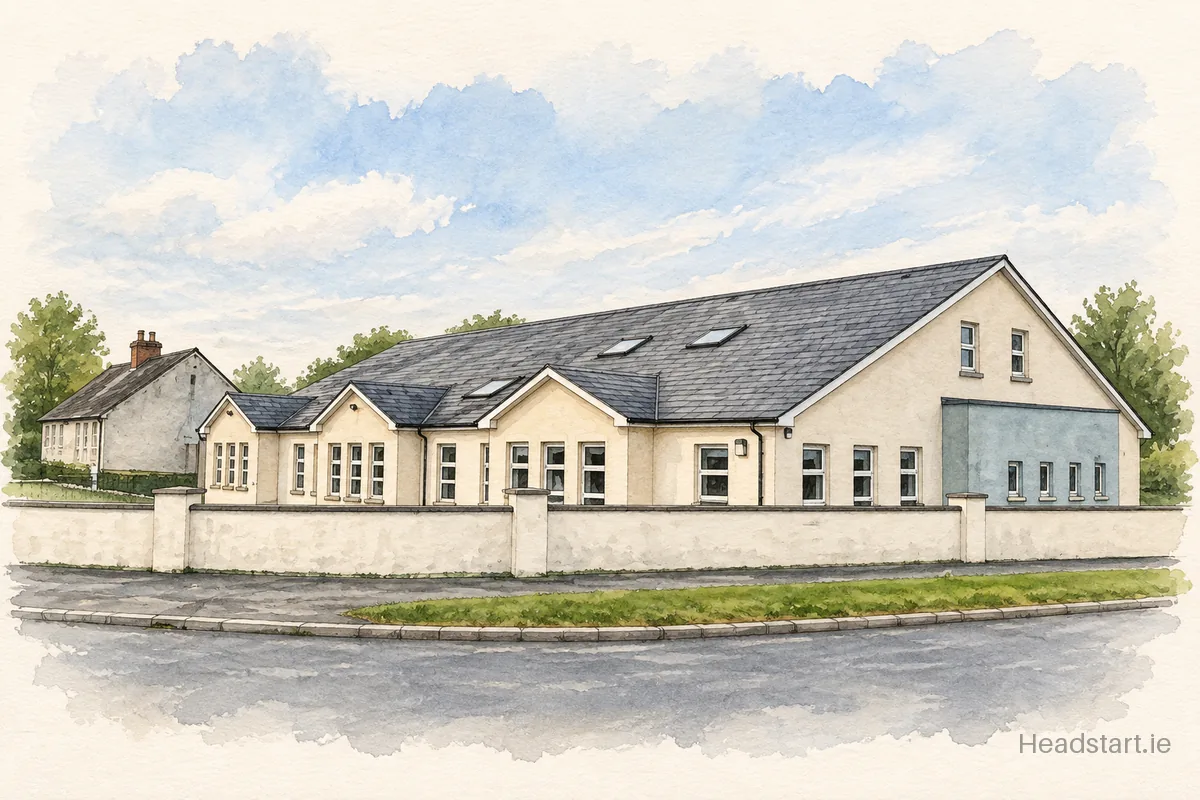 Watercolour illustration of the Scoil Náisiúnta Bride building, Monasterevin