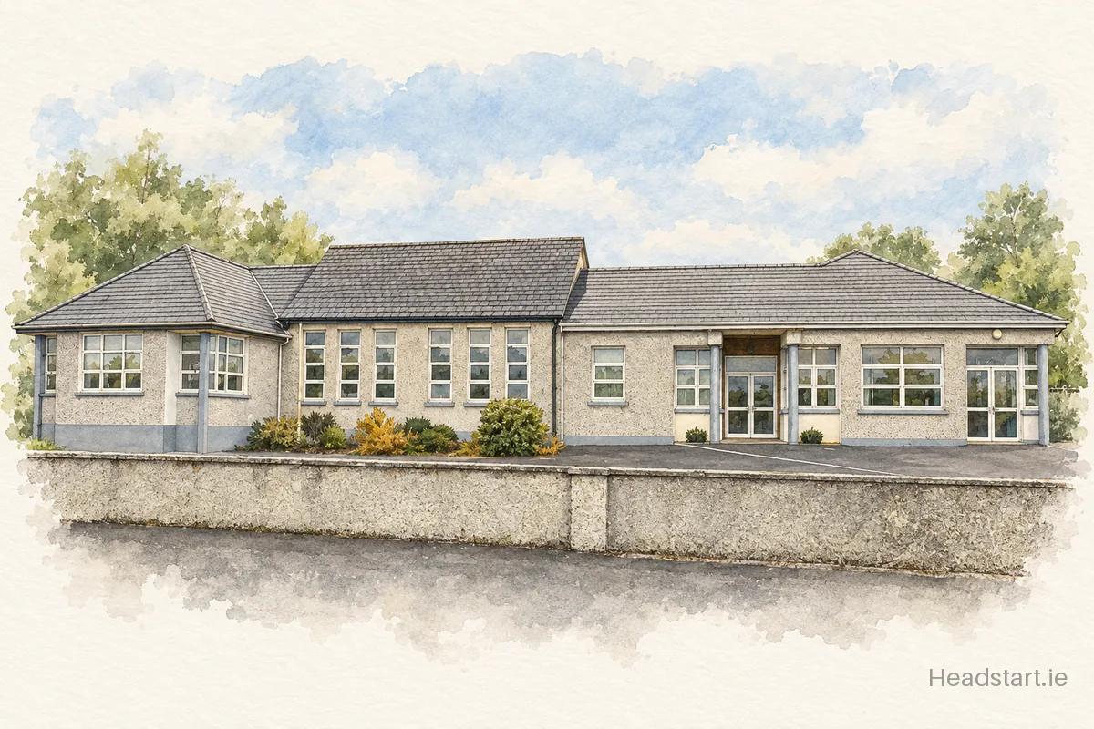 Watercolour illustration of the Sandy Lane National School building, Portarlington