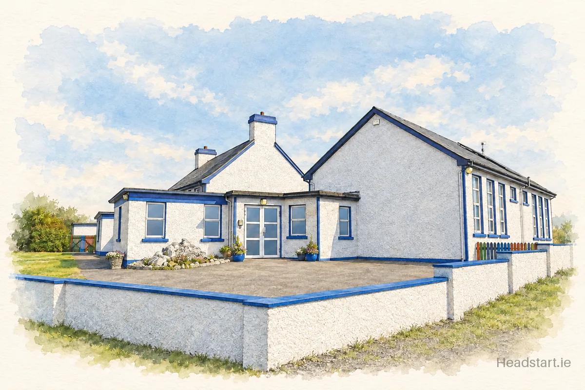 Watercolour illustration of the Kilconly National School building, Listowel