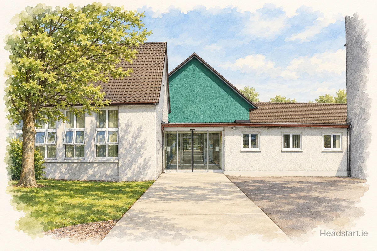 Watercolour illustration of the Saint Catherine's Primary School building, Cork (centre and southside)