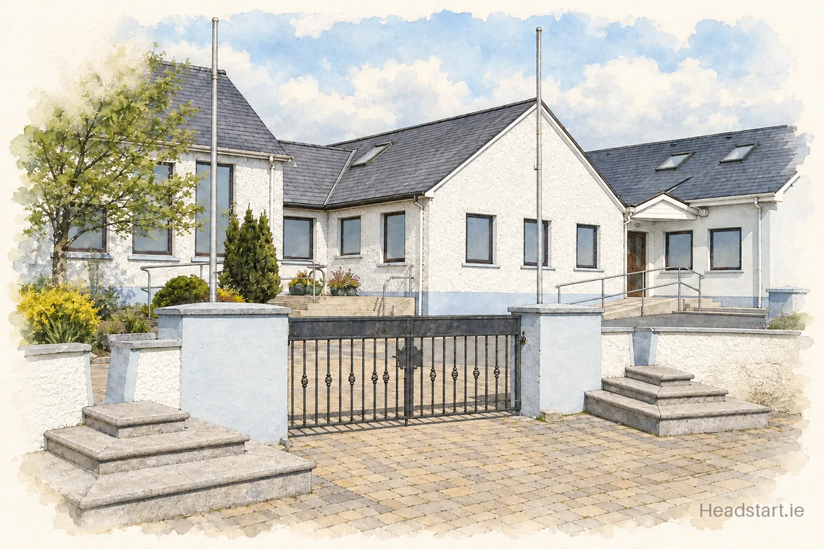 Watercolour illustration of the Killeeneen National School building, Galway