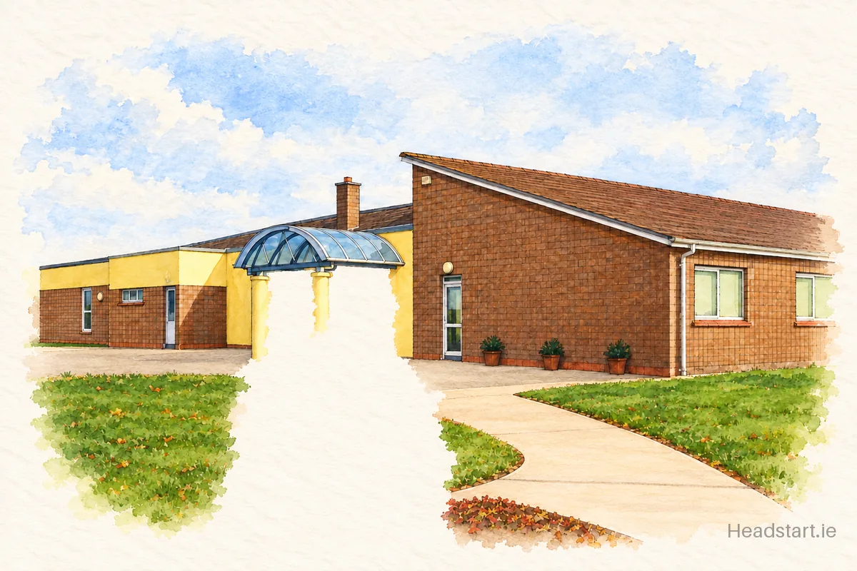 Watercolour illustration of the St Mary's Church of Ireland National School building, Carrigaline