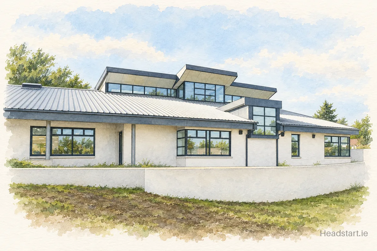 Watercolour illustration of the Marino School N.S. building, Bray