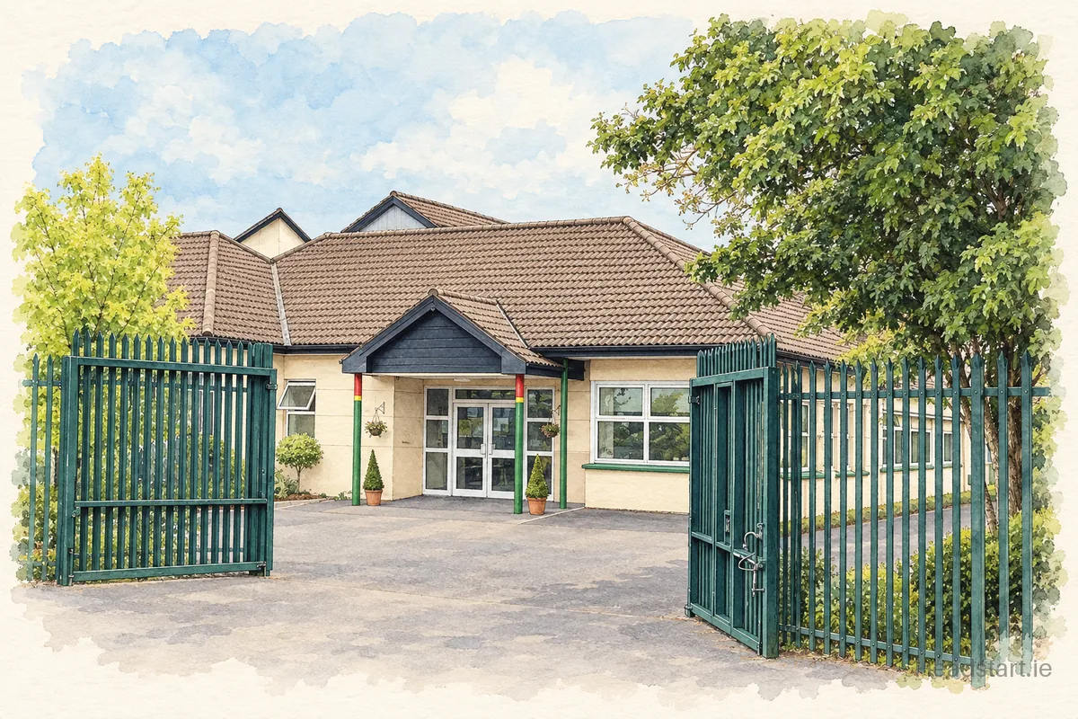 Watercolour illustration of the Gaelscoil An Teaghlaigh Naofa building, Ballyphehane