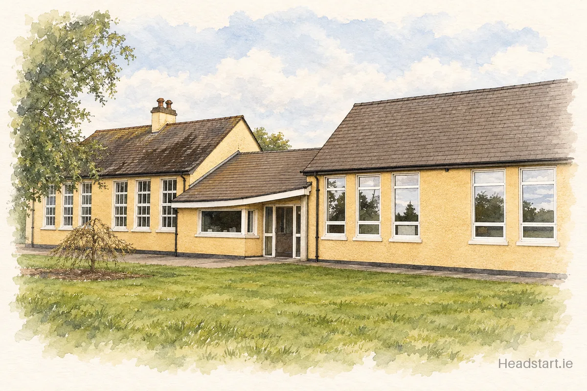 Watercolour illustration of the Barnashrone National School building, Portlaoise