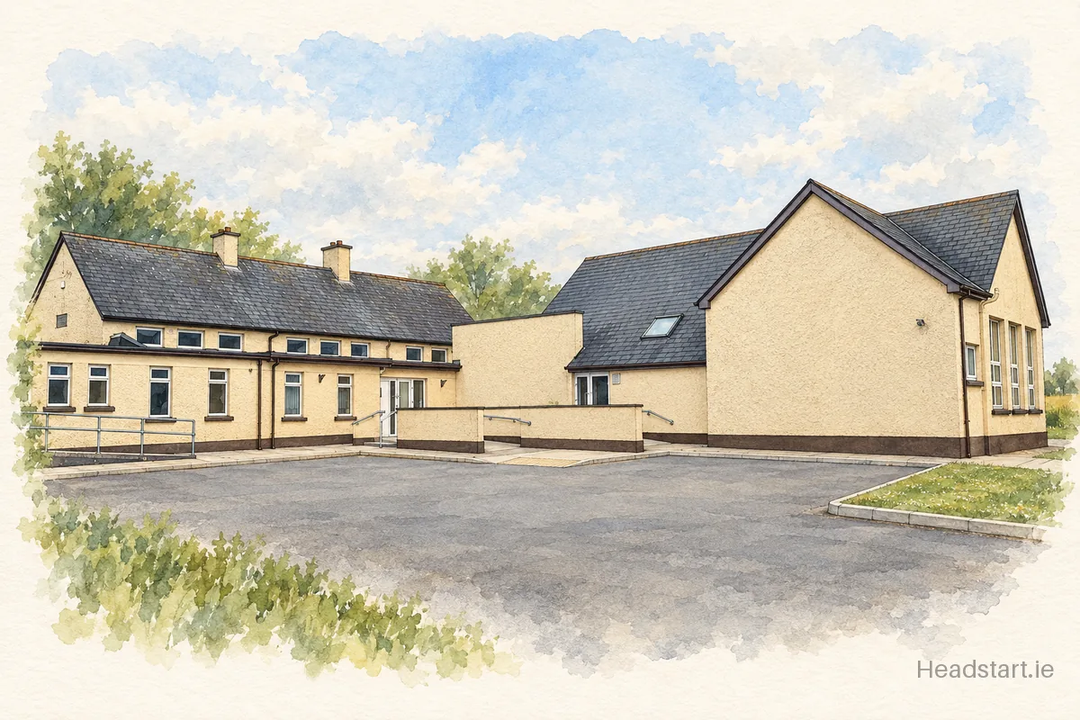 Watercolour illustration of the Monksland National School building, Dundalk