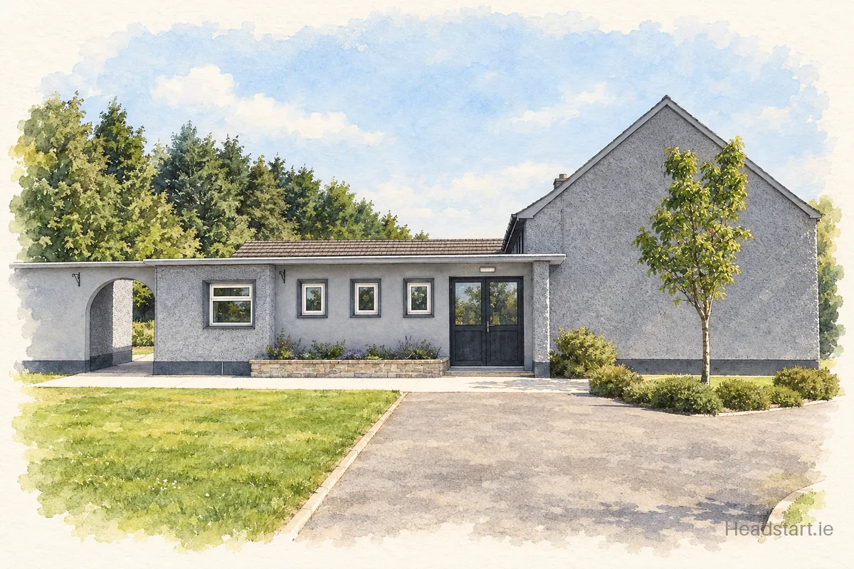 Watercolour illustration of the Scoil Náisiúnta an Droma building, Templemore
